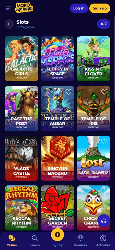 Morospin Casino games lobby on a mobile device