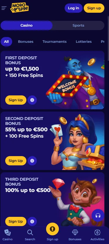 Morospin Casino promotions area on a mobile device