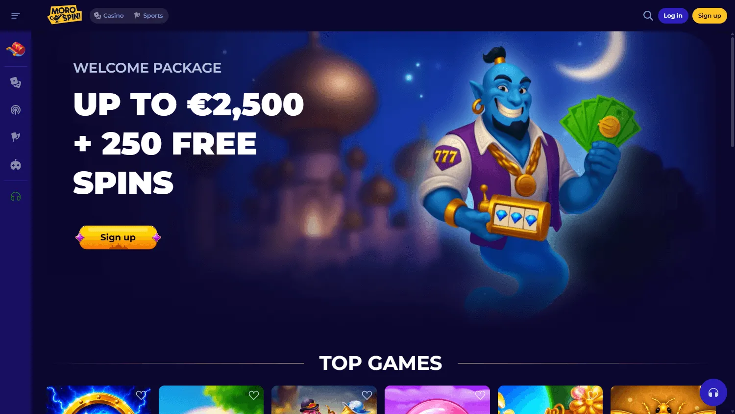 Morospin Casino welcome offer and casino home screen on desktop